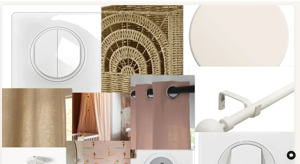 Moodboard textiles dans Cocon : rideaux en lin, panier en fibre, voilage et papier peint